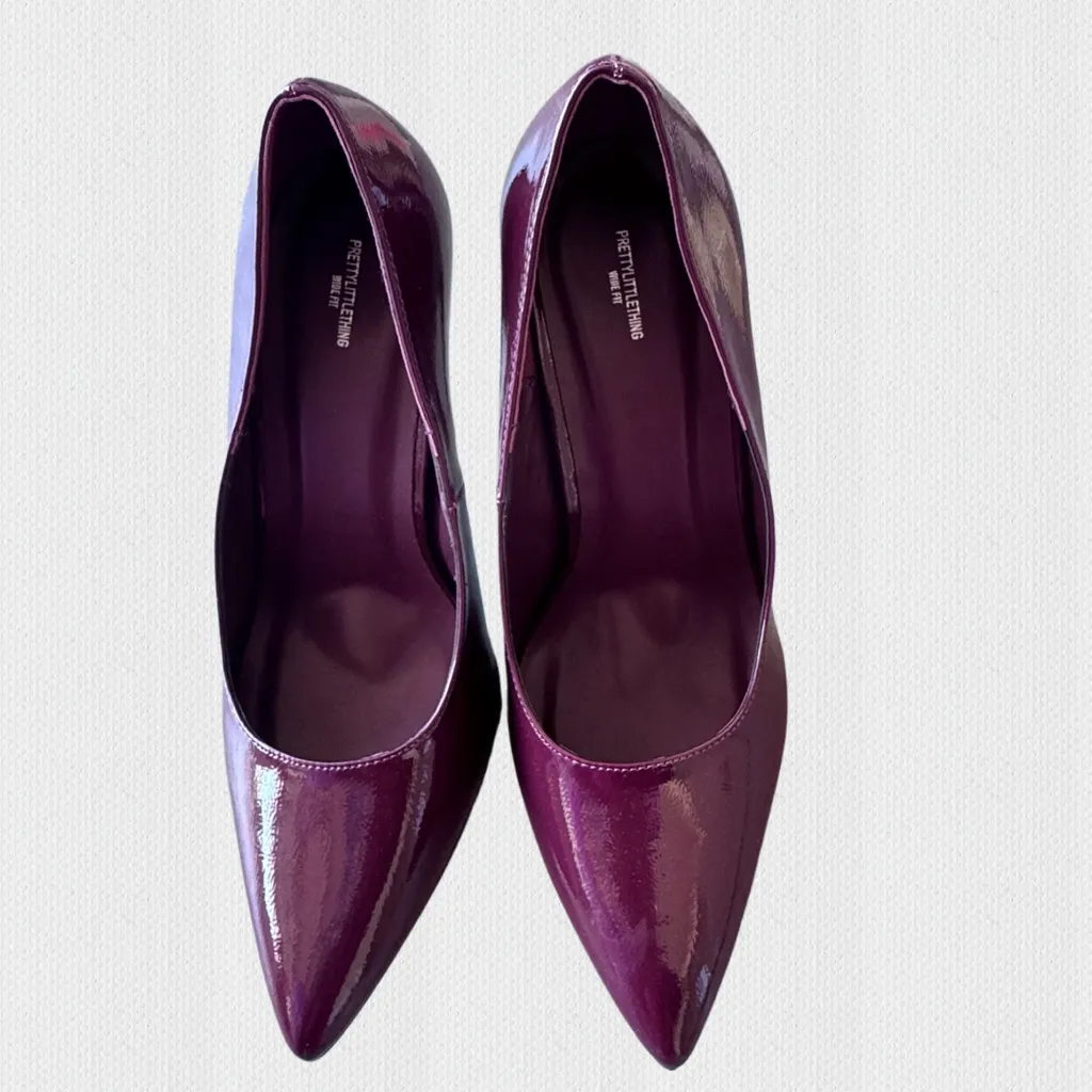 NWT PRETTYLITTLETHING BURGUNDY POINT TOE CURVED CUT OUT HIGH HEEL COURTS Sz 7 - Image 7