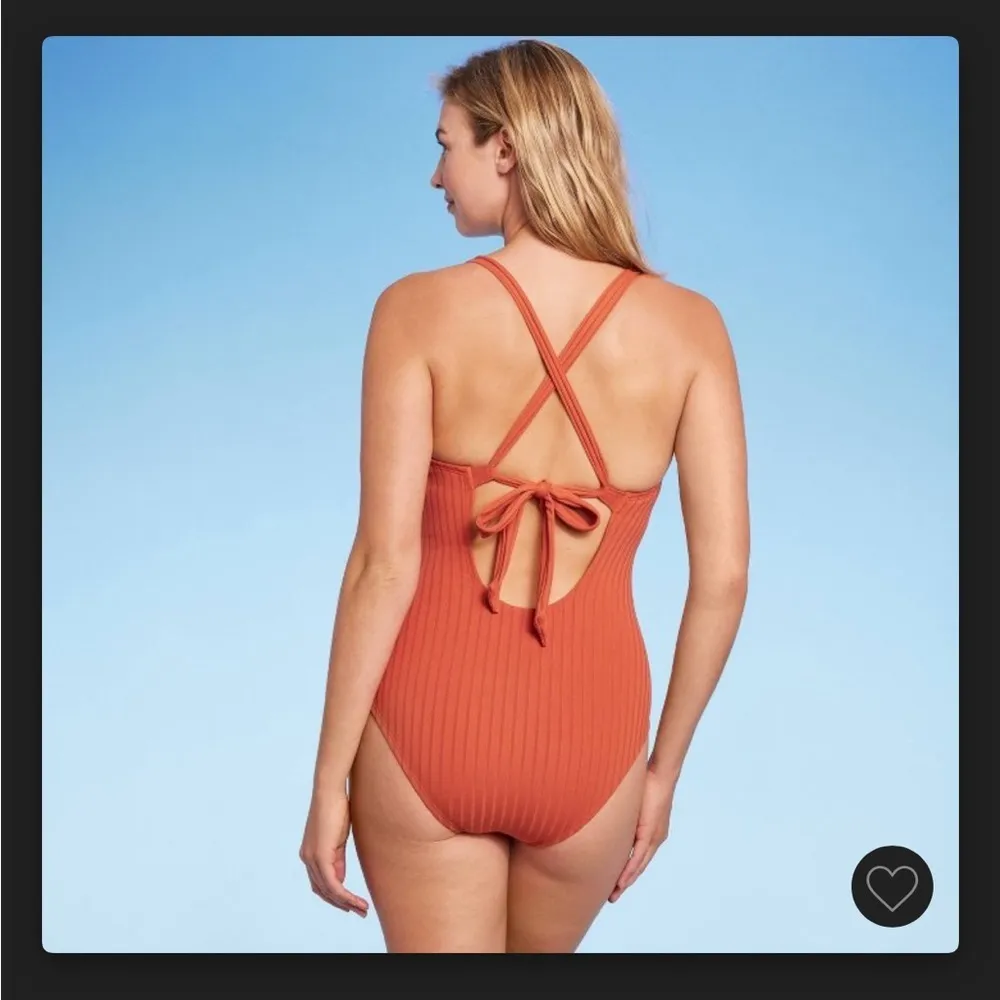 Kona Sol Apricot Orange Ribbed Criss Cross Back One Piece Bathing Suit - Image 2