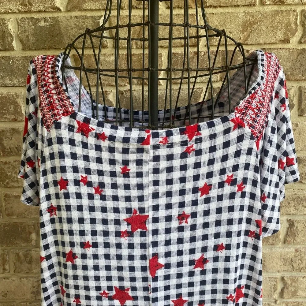 Lane Bryant Top Size 14/ 16 Checkered Red Stars Smocking July 4 Labor Da… - Image 7