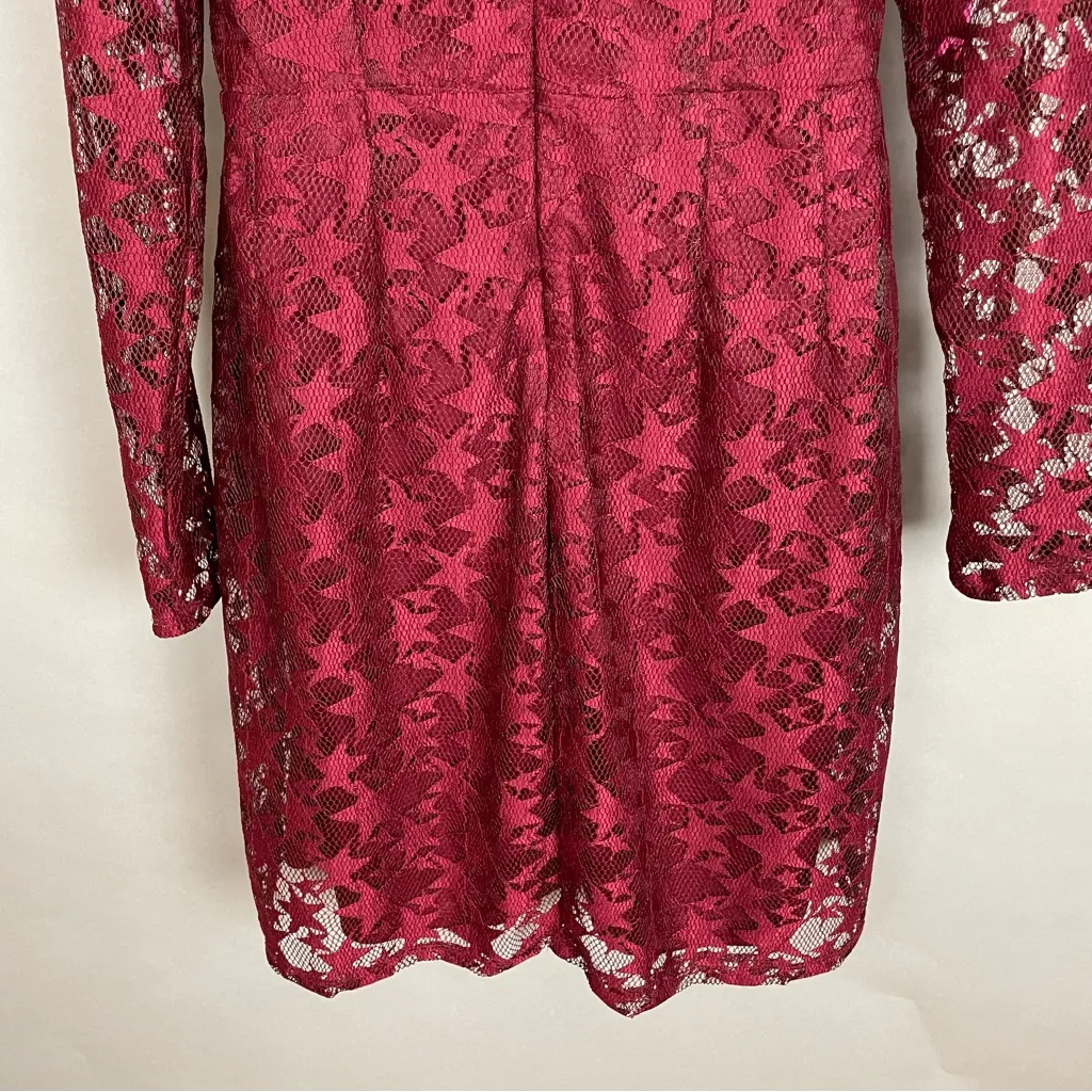 Betsey Johnson Dress Red Star‎ Lace Sheath Illusion Long Sleeve Sheer Maroon 12 - Image 11