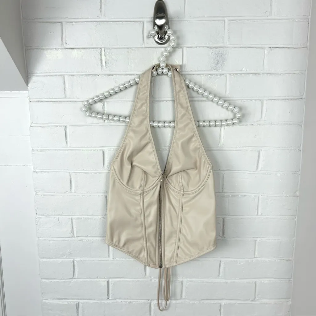 Urban Outfitters Out From Under Cream Faux Leather Halter Corset Top Size M - Image 3