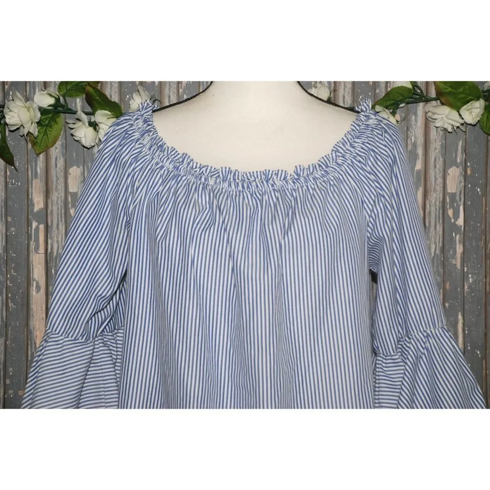 Mileage Blue Striped Embroidered Roses Blouse Top Plus Size 1X 3/4 Bell Sleeve - Image 3