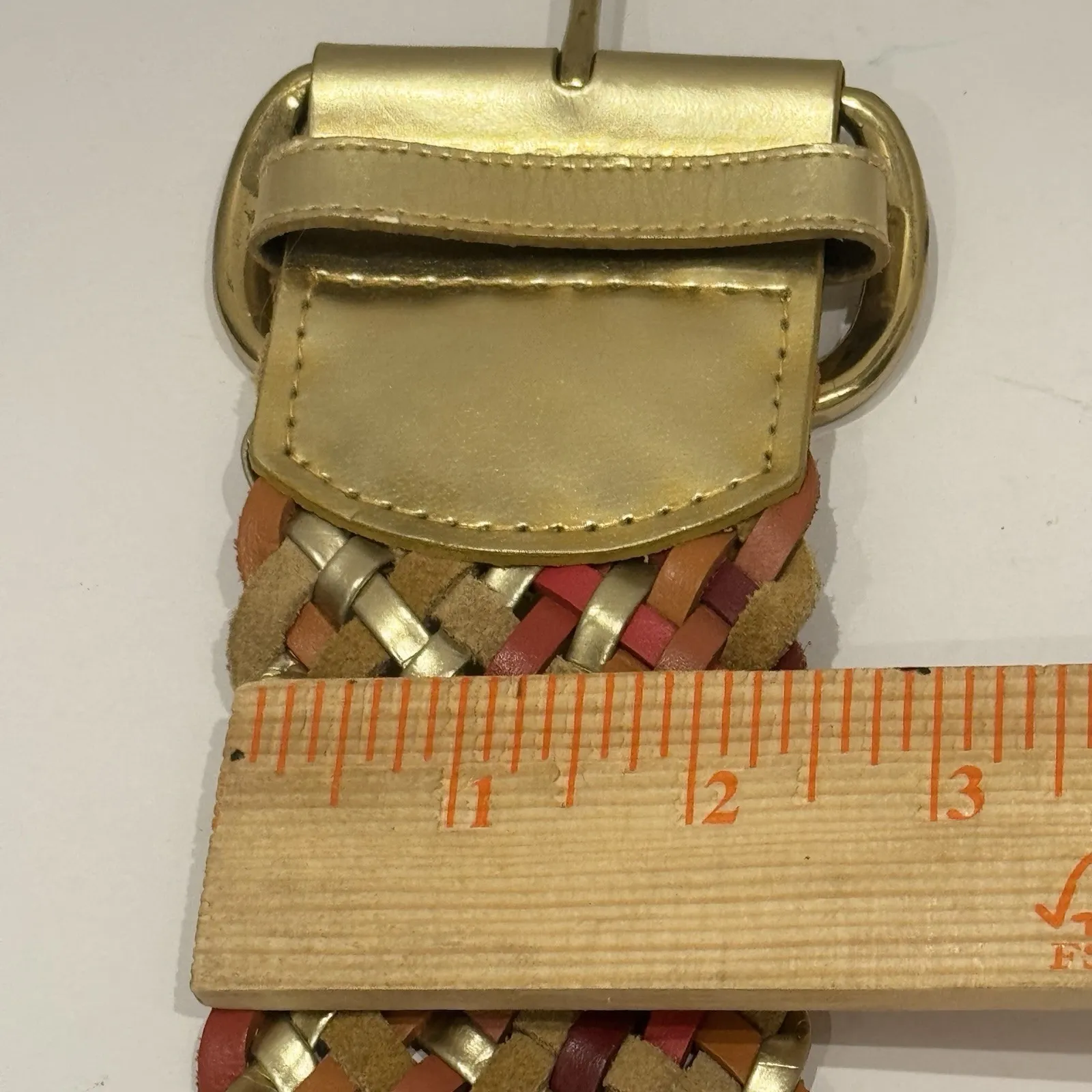 Woven Multicolored Red Gold Leather Waist Belt Gold Buckle Western Boho Size S/M - Image 5