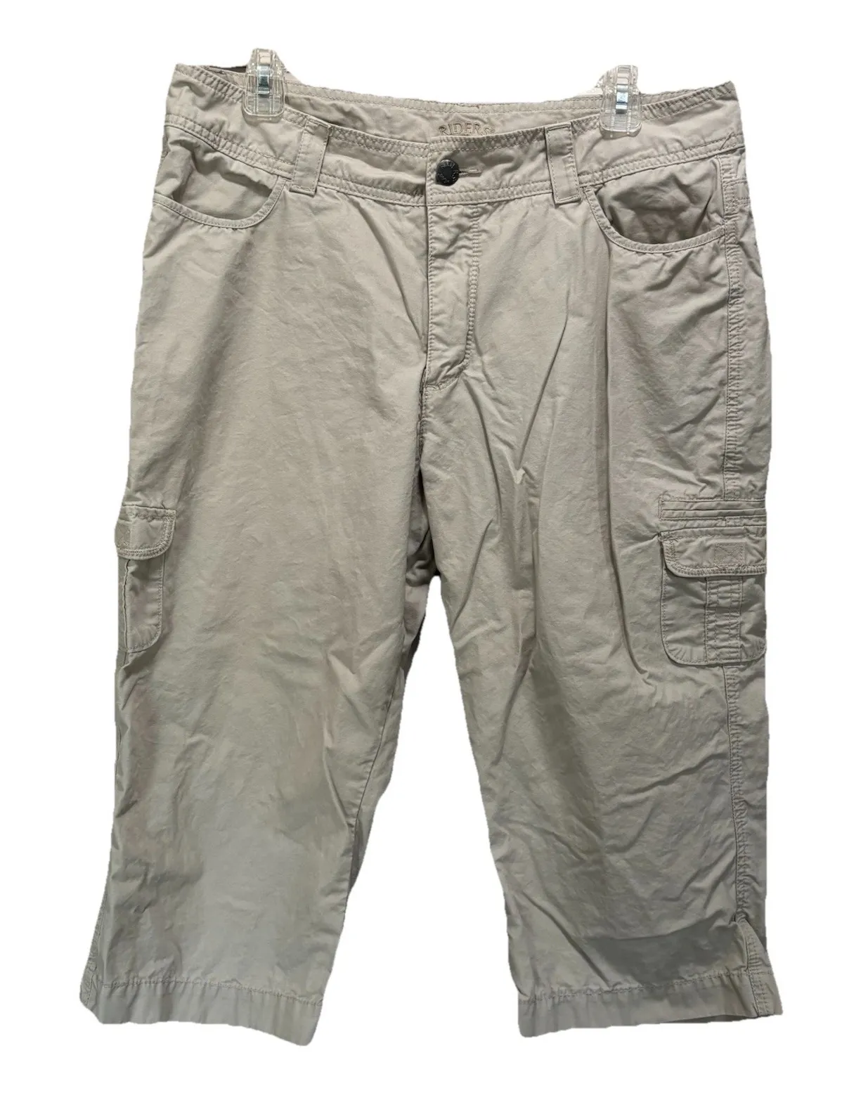 Lee Riders Khaki Tan Cargo Capri Pants Size 16 High Rise Pockets Zip Logo - Image 1