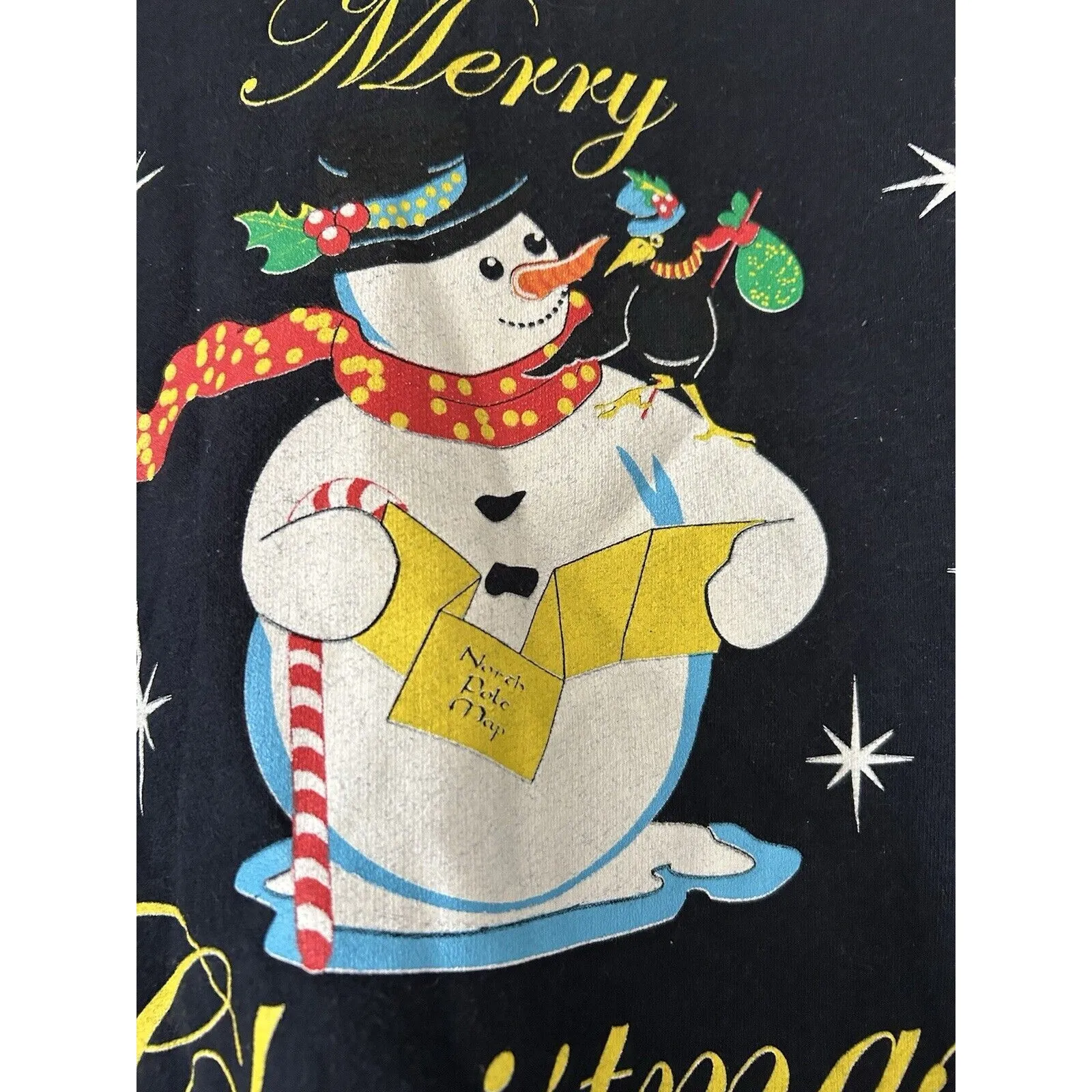 Vintage Retro Merry Christmas Snowman Holiday Crewneck Sweatshirt Size Large Blue - Image 4