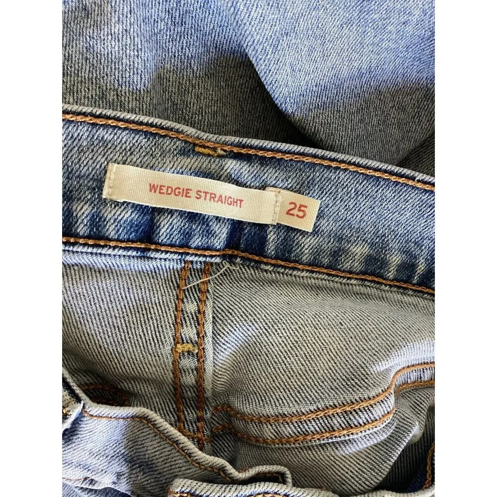 Levis Wedgie Straight Jeans Womens 25 Distressed Ripped Knee High Rise Denim Pan - Image 5