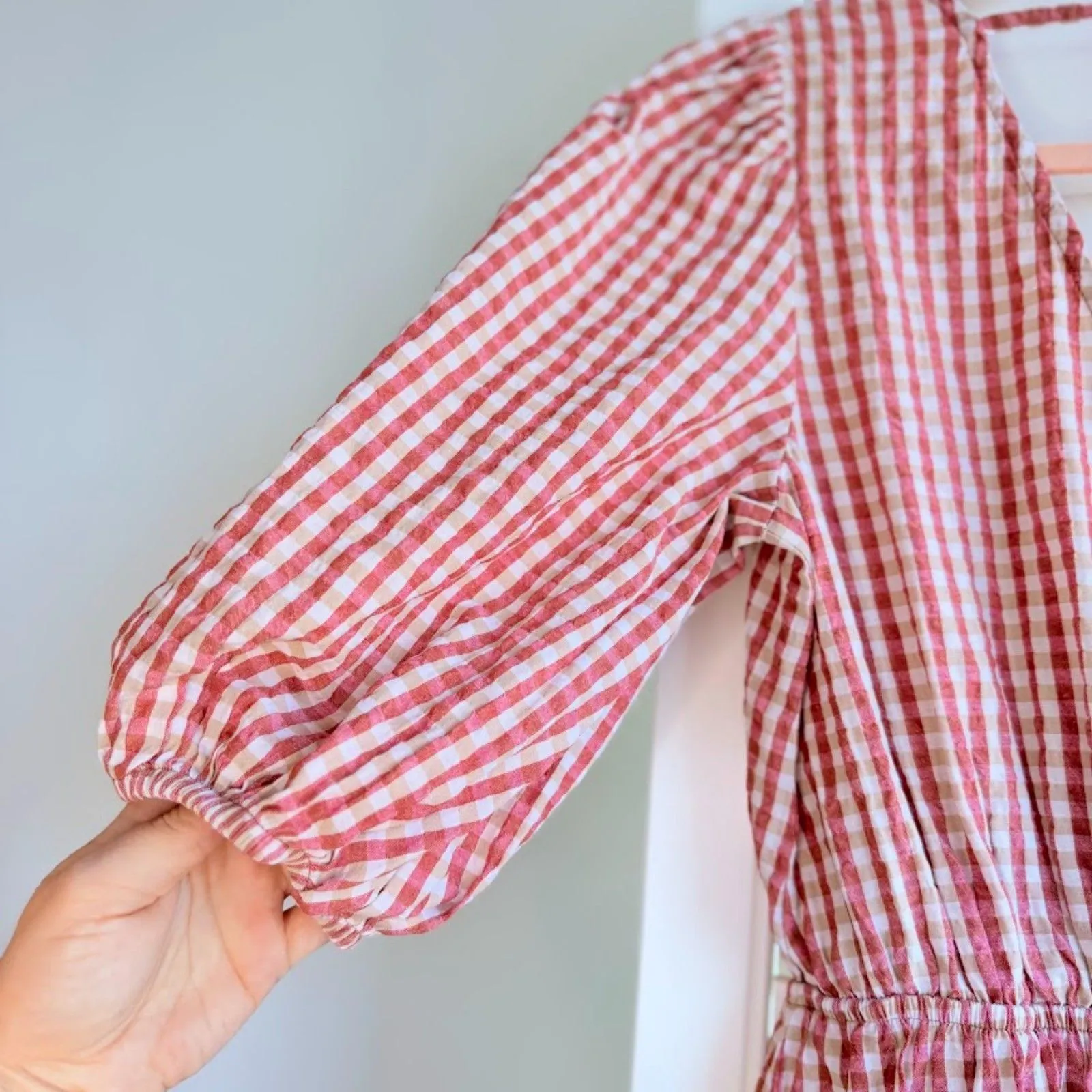 MANGO Vichy Red Gingham Mini Dress with Puff Sleeves & Tiered Skirt size XS - Image 6