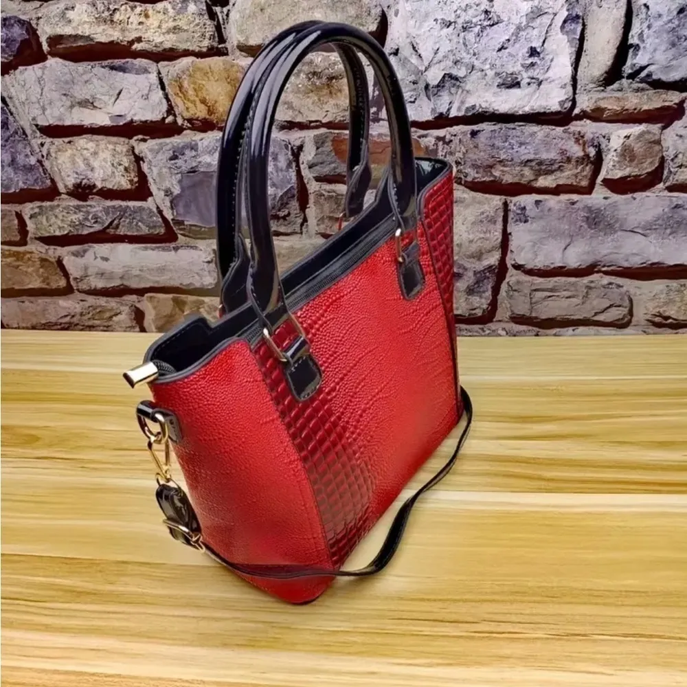 2pcs/Set Crocodile Leather Tote Bag w/Zipper Closure and Detachable Clutch NWT Red - Image 4