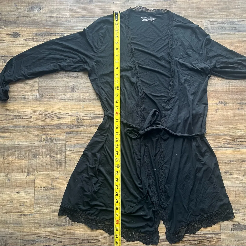 Victoria's Secret Womens Medium Large Black Lace Trim Robe Belted Loungewear - Image 5