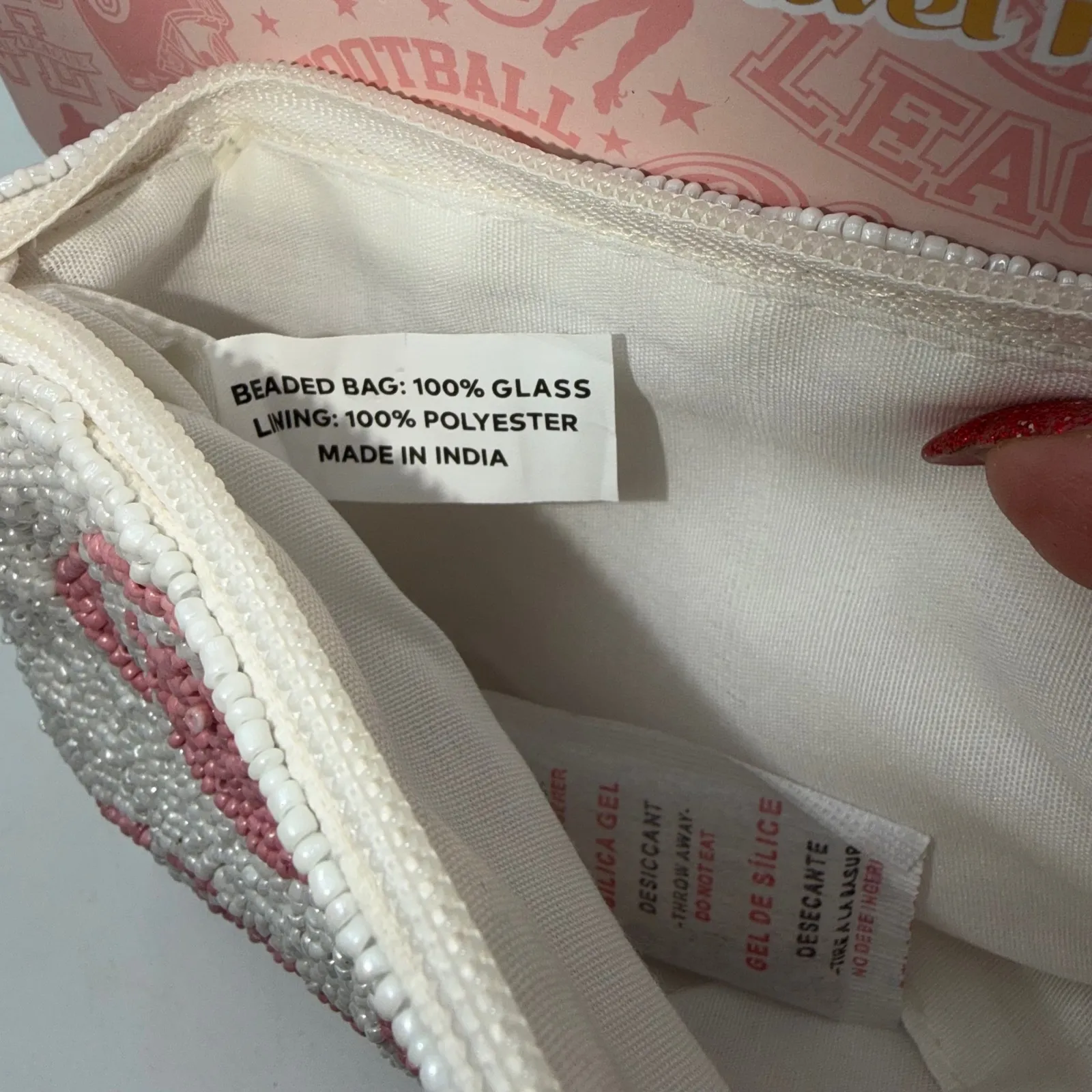 Wandering Moon India Handmade Beaded Football Travel Pouch Cosmetic Bag White - Image 7