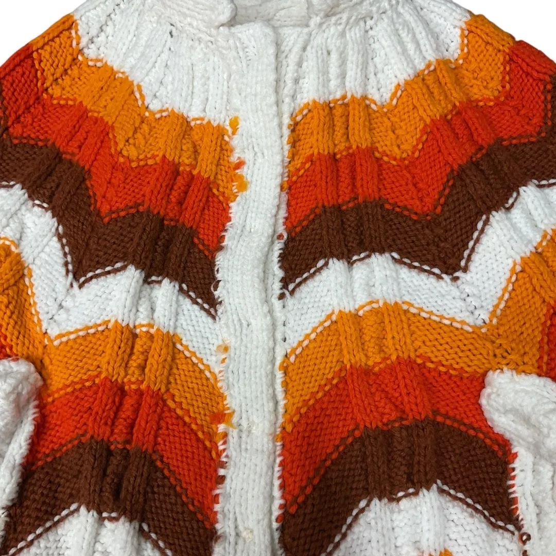 70's Groovy Knit Shawl Poncho Button Wrap Zig Zag Chevron Pattern Fringe Size S Orange - Image 7