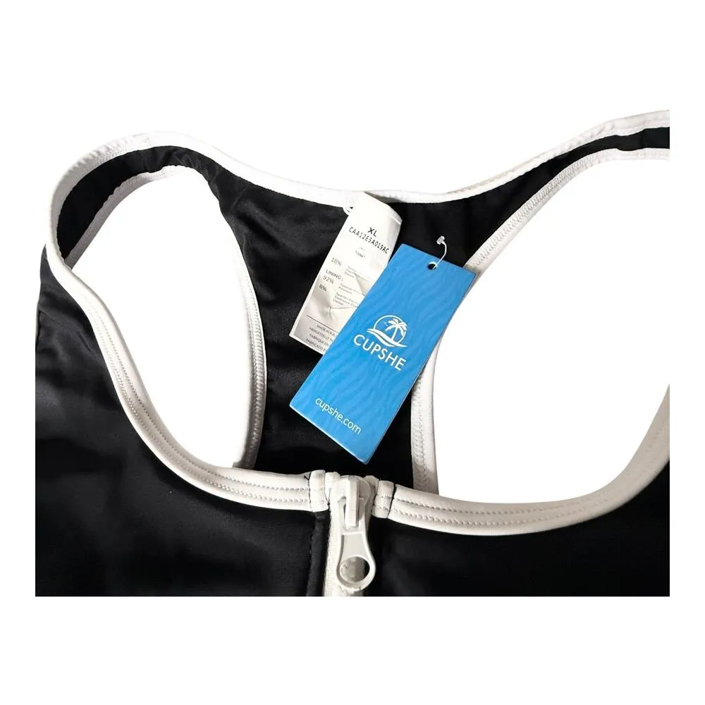 NEW Women's CUPSHE SWIMSUIT XL Black & White U-Neck Front Zip One-Piece Swim NWT - Image 6