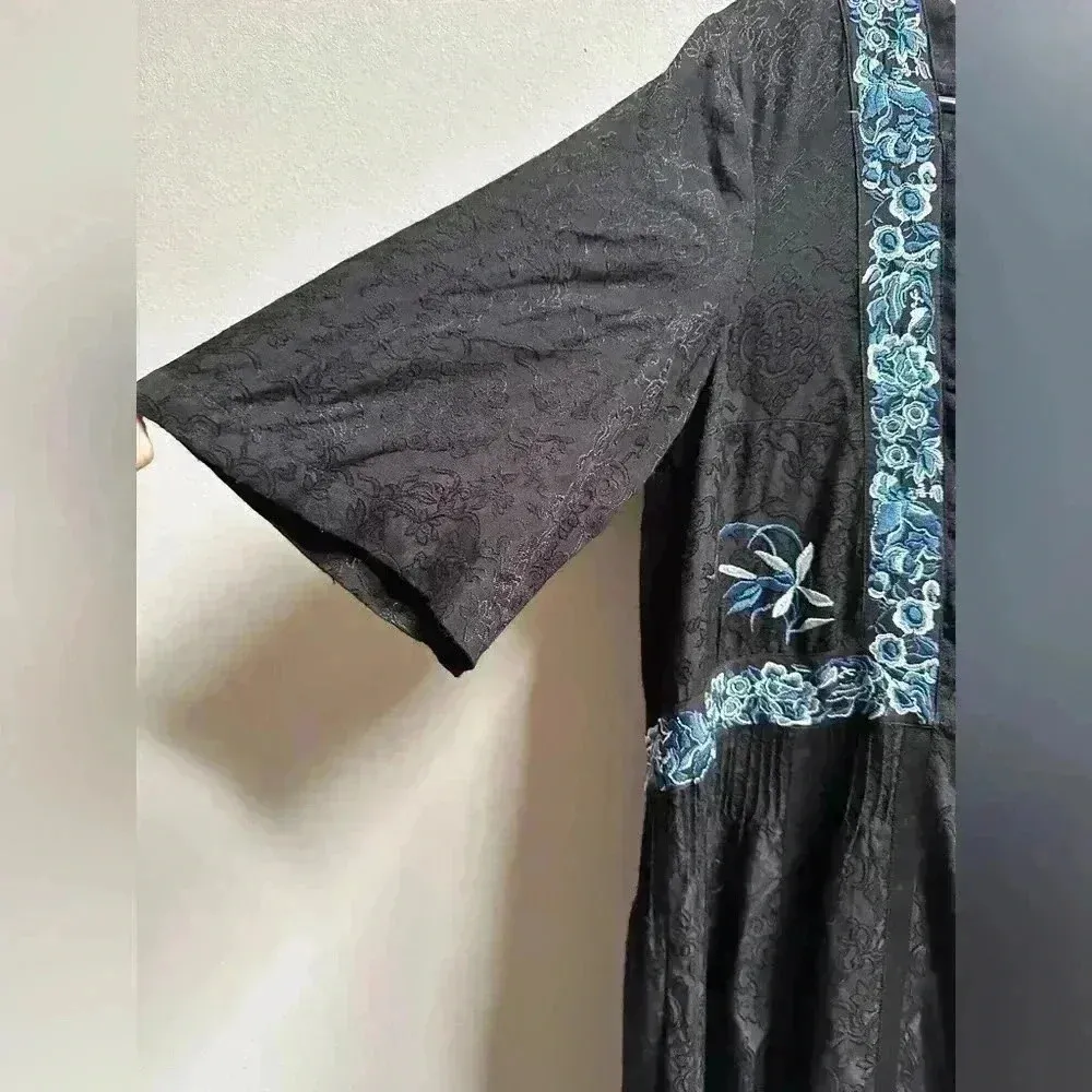 French Connection Black Embossed Brocade Blue Embroidered Floral Dress - Image 6