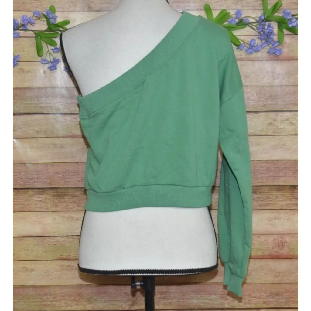 The Vintage Shop Ladies L Green One Sleeve Crop Sweatshirt Casual Activewear - Image 5