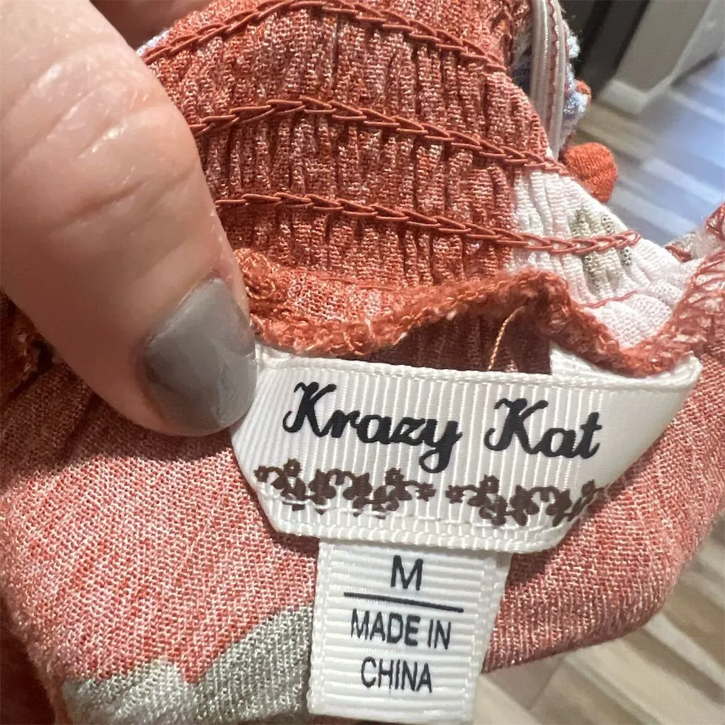 Krazy Kat Women's M Floral Peasant Tunic Blouse V-Neck Long Sleeve - Image 10