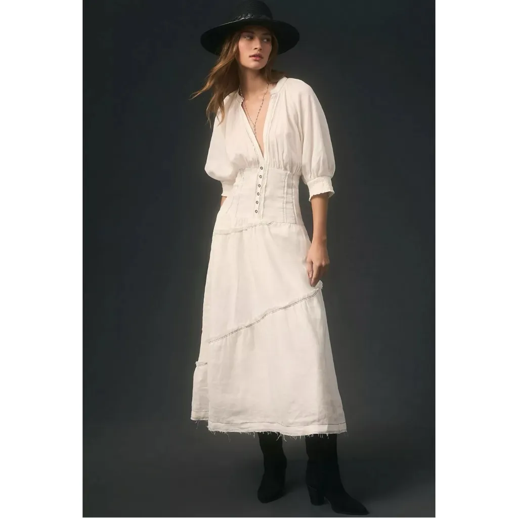 Anthropologie Ethereal Bohemian V-Neck Corset Midi Shirt Dress in White Size XL - Image 10