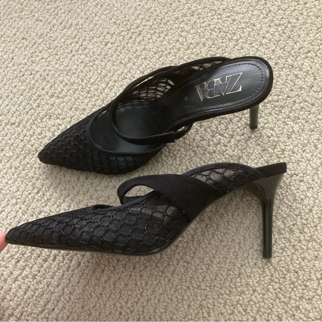 NEW Zara Black Mesh Women's Kitten Heels Size 37 with Dust Bag - Image 4
