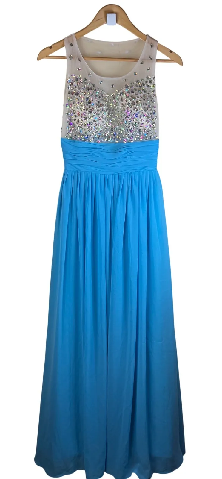 Grace Karin Blue Beaded Illusion Neckline Sleeveless Gown Formal Dress Size 2 - Image 1
