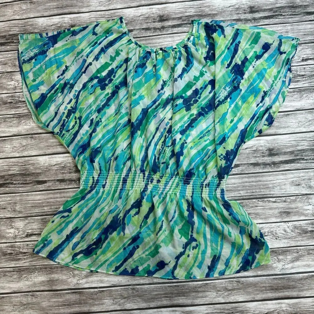 Willi Smith Women's Lightweight Sheet Blouse XL Extra Large Green Blue White Top - Image 14