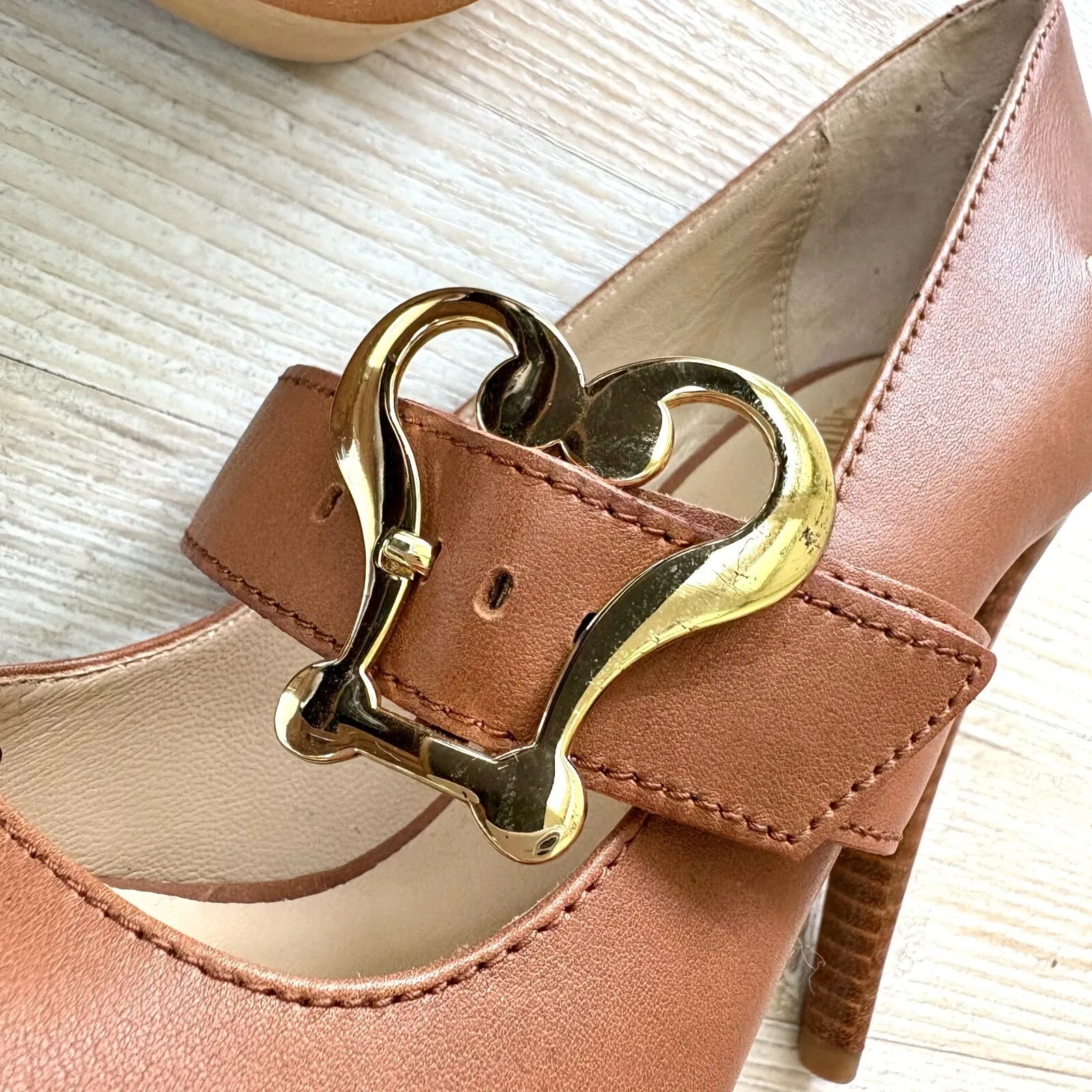 Love Moschino Leather Peep Toe Stacked‎ Heel Mary Jane Pumps | Brown 39 - Image 4