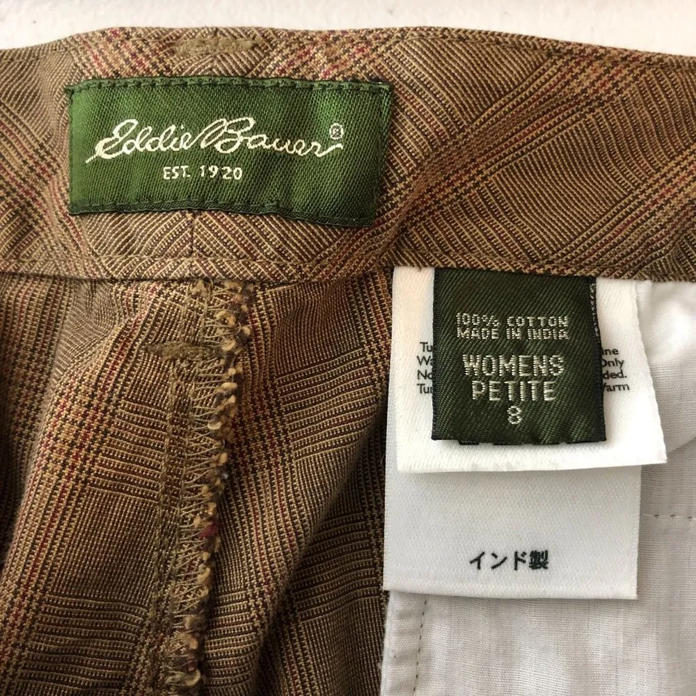 Eddie Bauer Womens Dress Pants Trousers Plaid Cotton Brown 8 Petite - Image 3