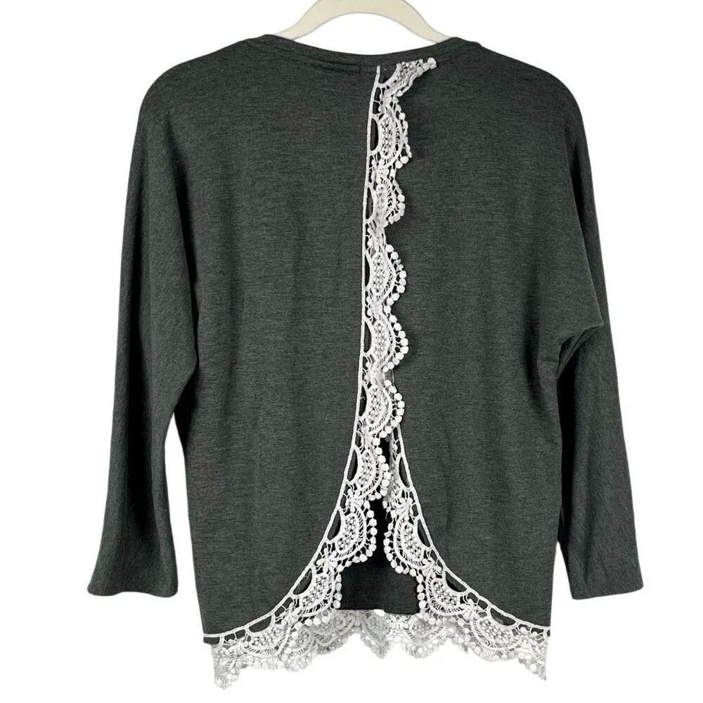 Eyeshadow Gray Women’s Sweatshirt Open Back Lace Trim Wrap Small - Image 2