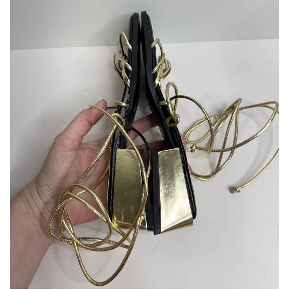 Top Shop‎ Ankle Wrap Sandals Size 6US Gold Black Square Toe Block Heel - Image 7