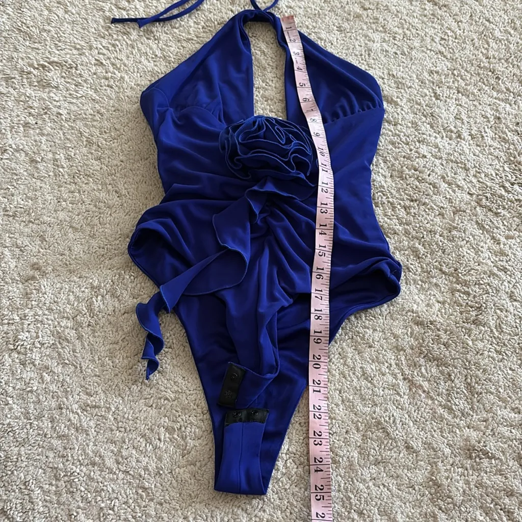 New Zara Ruffle Halter Tie Neck Bodysuit with Flower Royal Blue Size S - Image 11