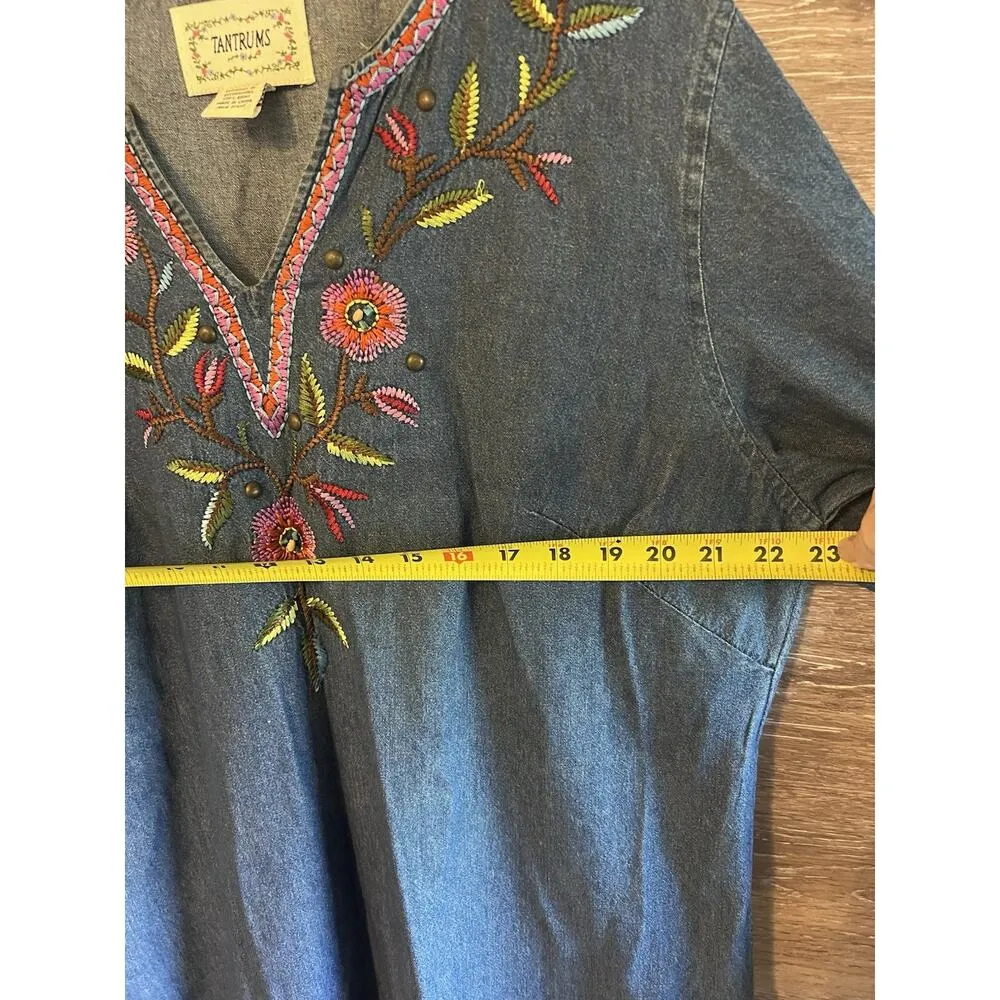 Tantrums Denim V Neck Embroidered Studs Vintage Blue Sz 1X Plus Floral Size L - Image 8