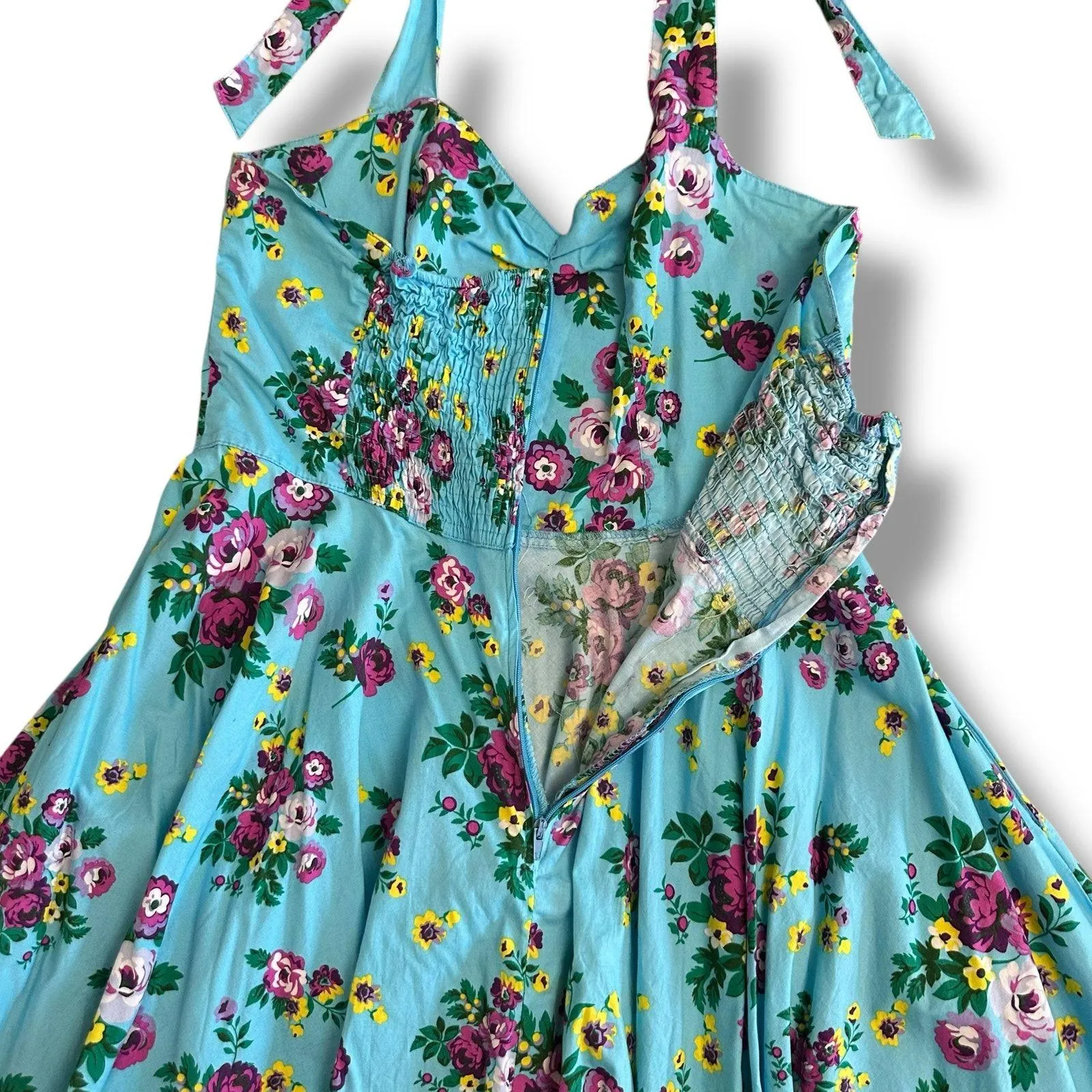 Hell Bunny Vixen Retro Halter Sundress Blue Floral Rockabilly Pin Up 50s Dress L - Image 6