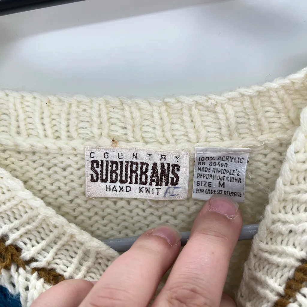 Patterned Cream and Brown Sweater Size M - Image 5