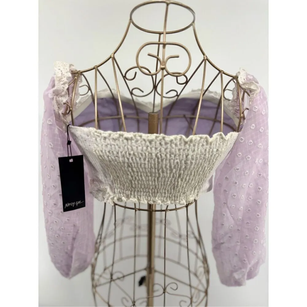 Nasty Gal Edge Your Bets Purple White Off Shoulder crop top size 4 NWT - Image 6