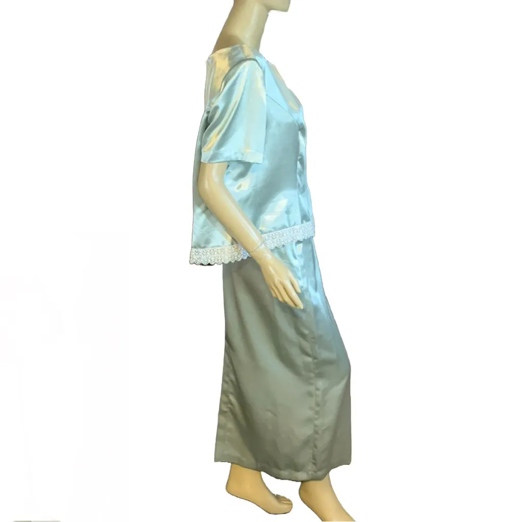 VINTAGE 1980'S HANDMADE/HOMEMADE MINTY GREEN SATIN W/WHITE TRIM SKIRT SET (XL) - Image 5