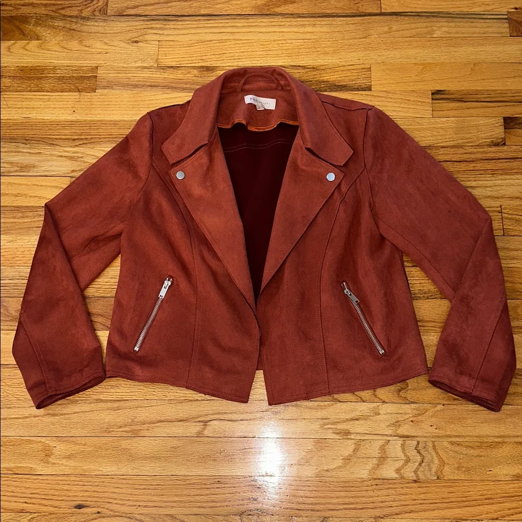 Philosophy Faux Suede Rust Orange Motocross Bikercore Rocker Jacket Sz L - Image 3