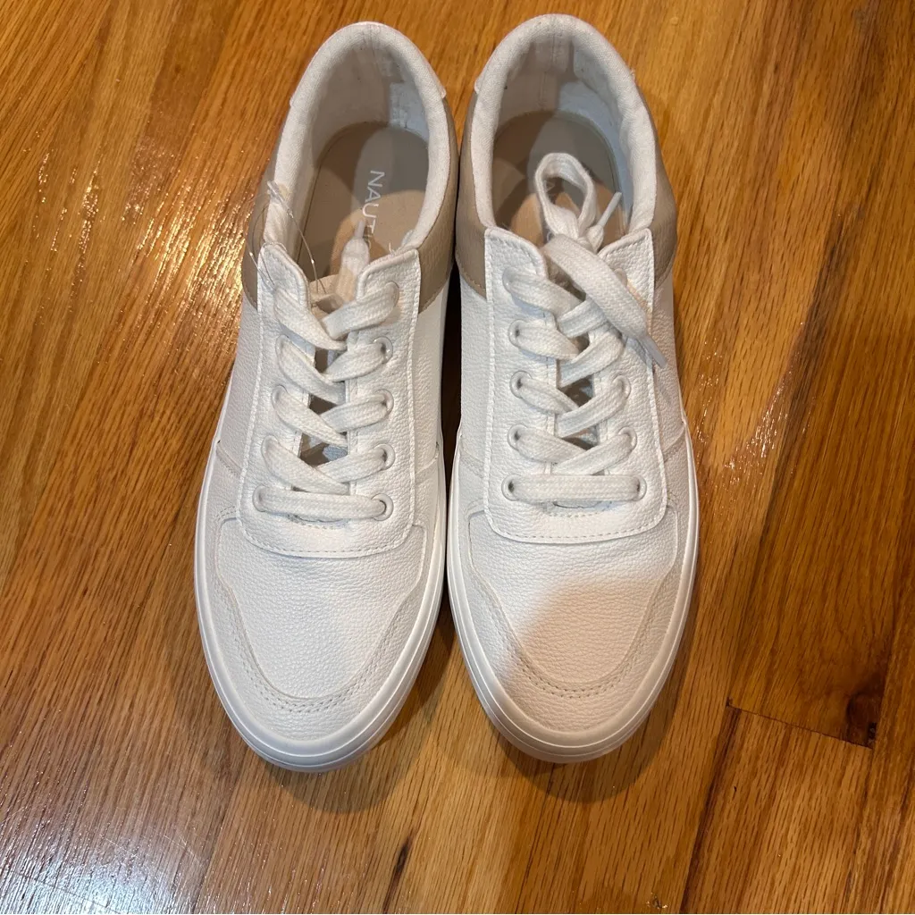 Nautica Women's Grelle White Fashion Sneaker Size 9.5 Shoes Lace Up Flats Taupe - Image 4