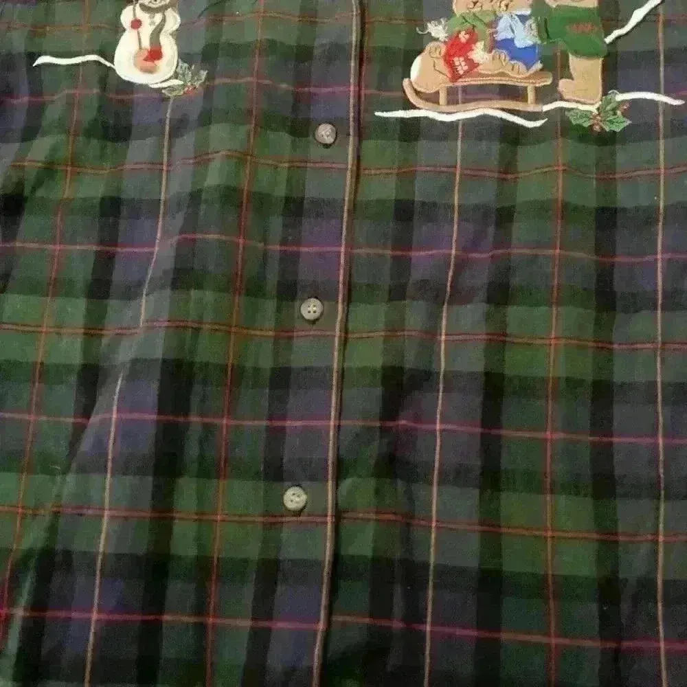 Vintage Plaid Christmas Snowman Embroidered Shirt size Medium Ugly Christmas Blue - Image 7