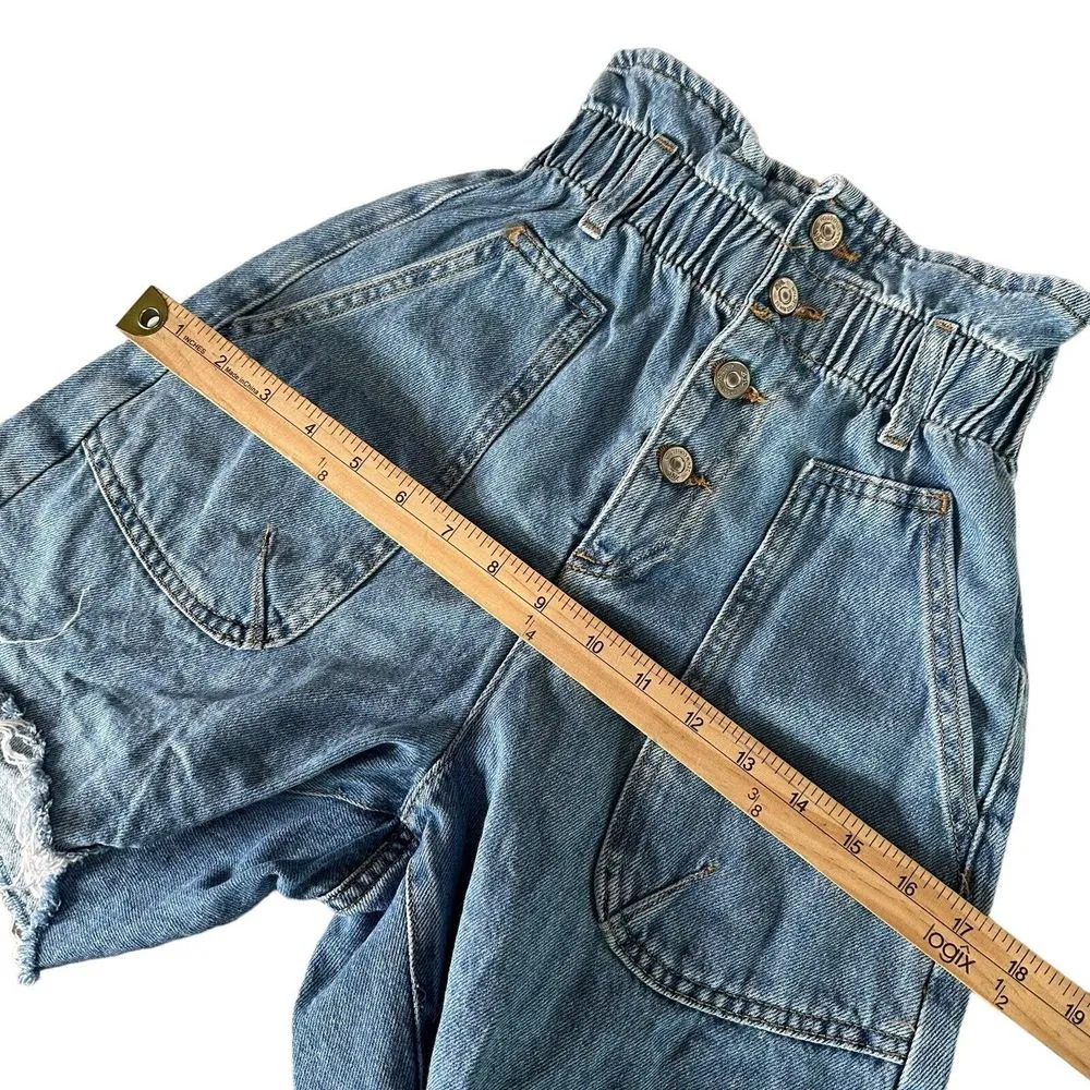 ZARA High Waisted‎ Denim Shorts Paperbag Waist Frayed Hem Size 0 Blue BOHO - Image 15