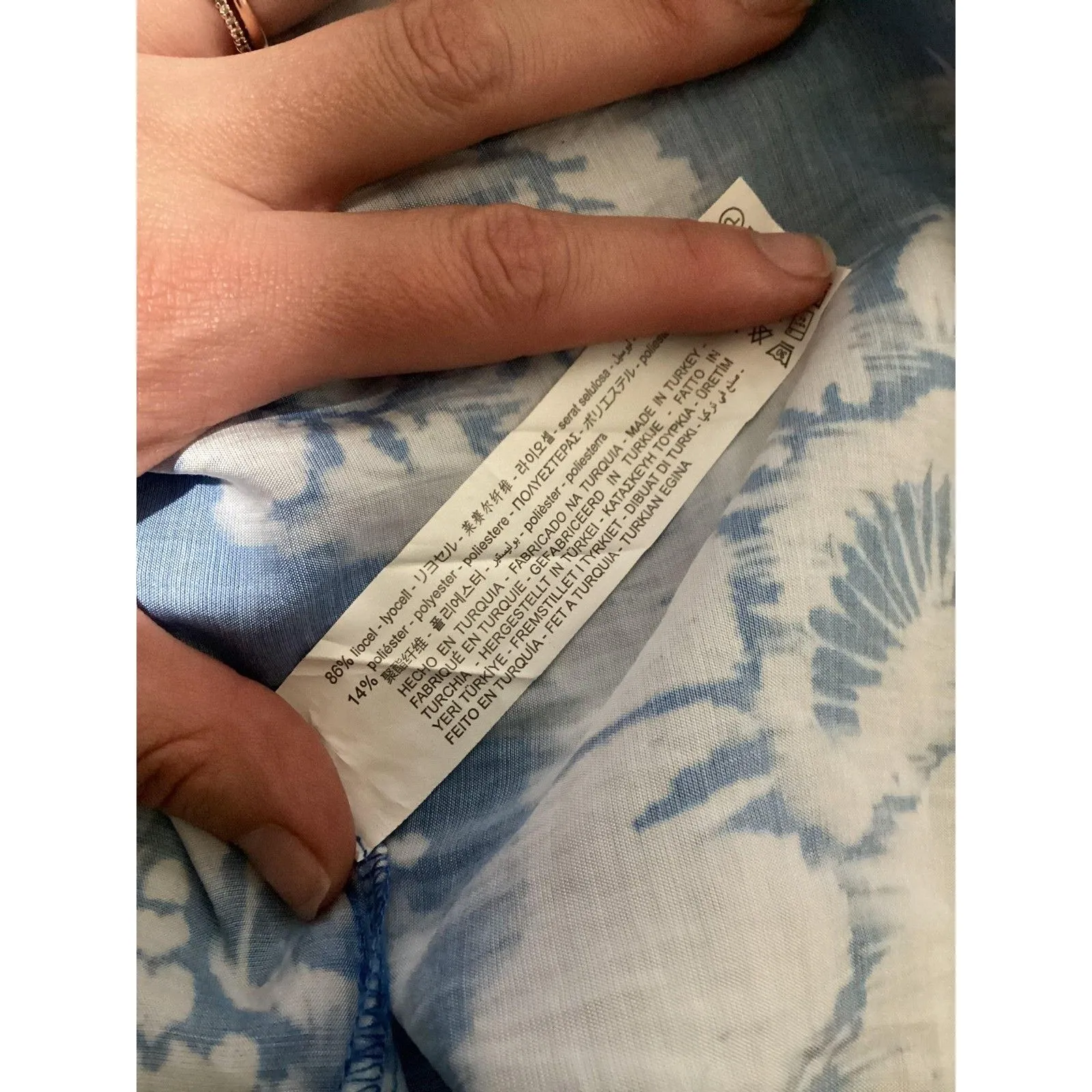 Zara Blouse Womens Large Blue White Floral Tie Neck Ruffle Collar Long Sleeve - Image 6