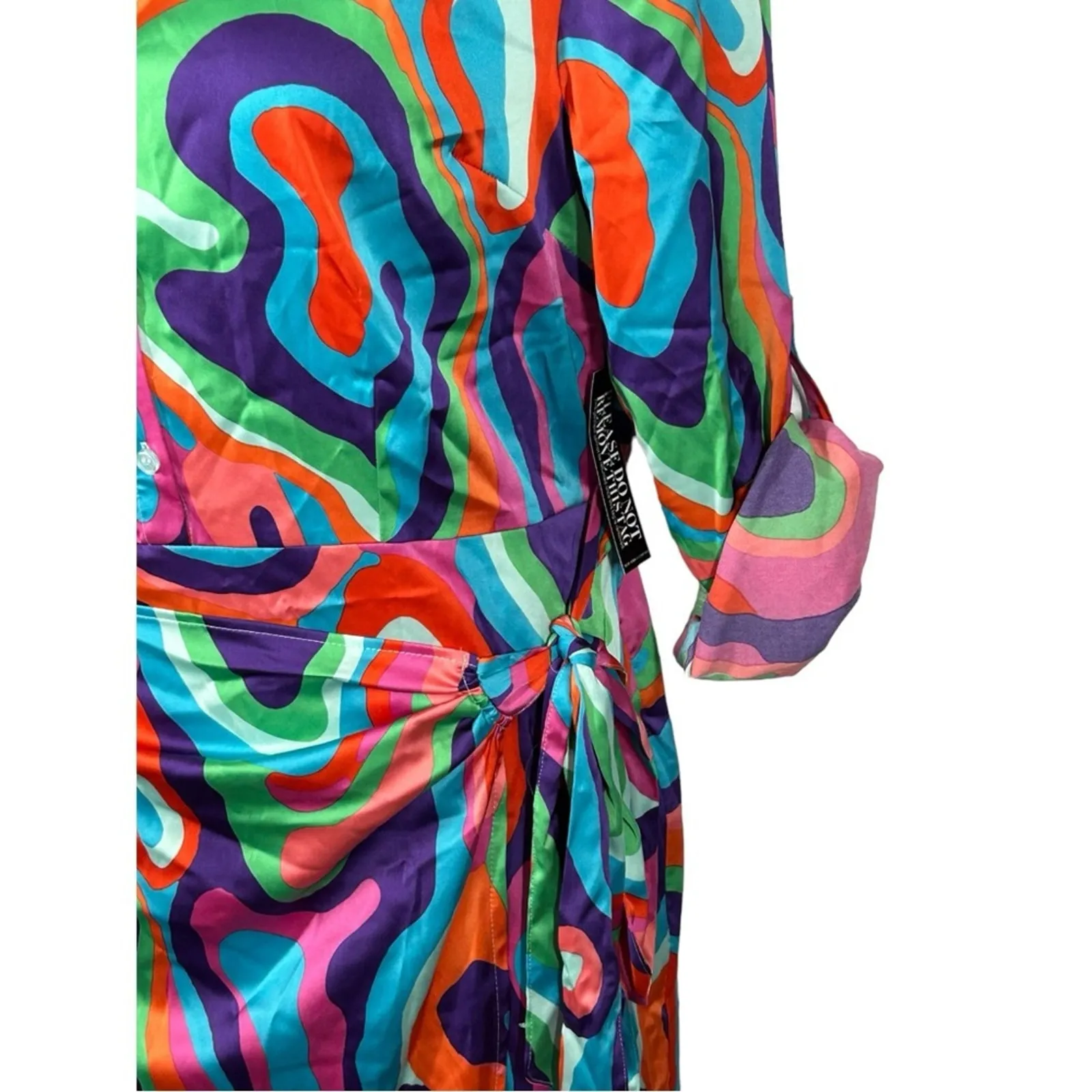 NWT New York & Company Abstract‑Print Wrap Shirtdress Large Faux Wrap Button Pink - Image 5