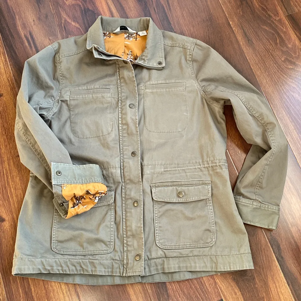 LL Bean Classic Flannel Lined Utility Jacket Olive Cotton Drawstring Waist Size M - Image 6