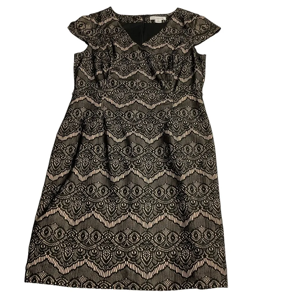Liz Claiborne Formal Dress Sz 14‎ Black Lace W/ Nude Short Sleeve Knee Length - Image 6