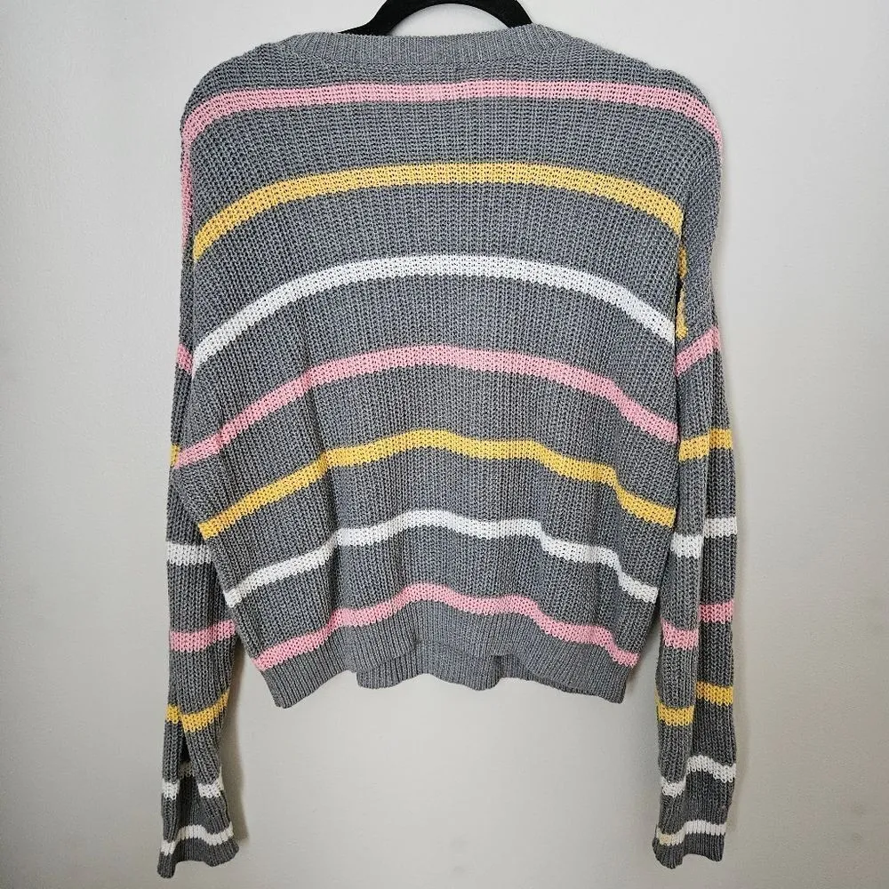 Abound Sweater Crewneck Gray Striped Pink Yellow White Knit Casual - Image 5