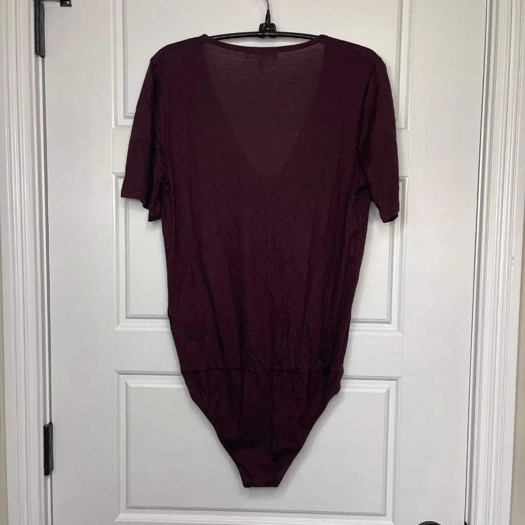 Madewell Short Sleeve Wrap Bodysuit Women's S‎ Burgundy 100% Lyocell V-Neck NEW - Image 3