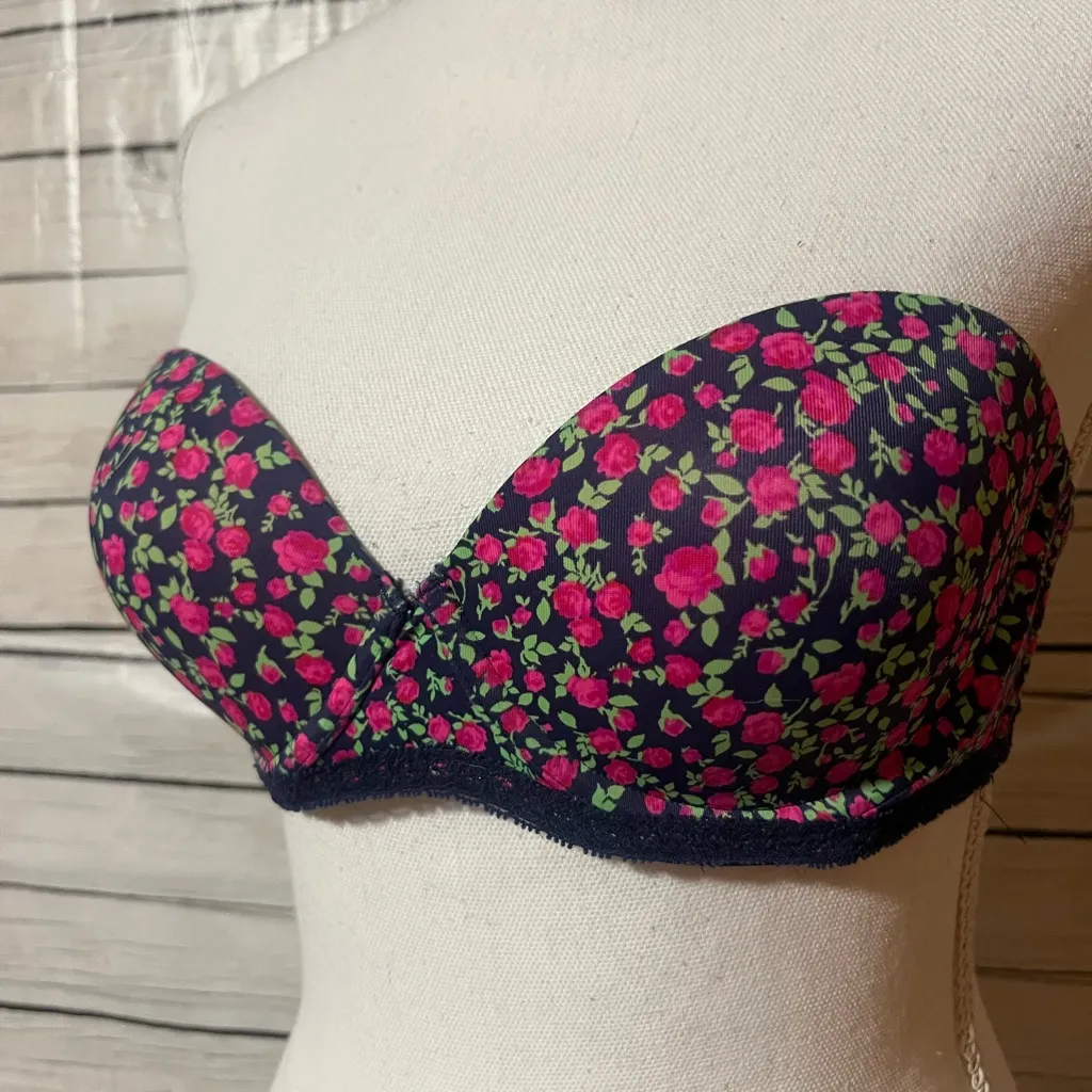 Pink Victoria's Secret Bra 34 C Multi Way Plunge Navy Blue Pink Green Roses - Image 2
