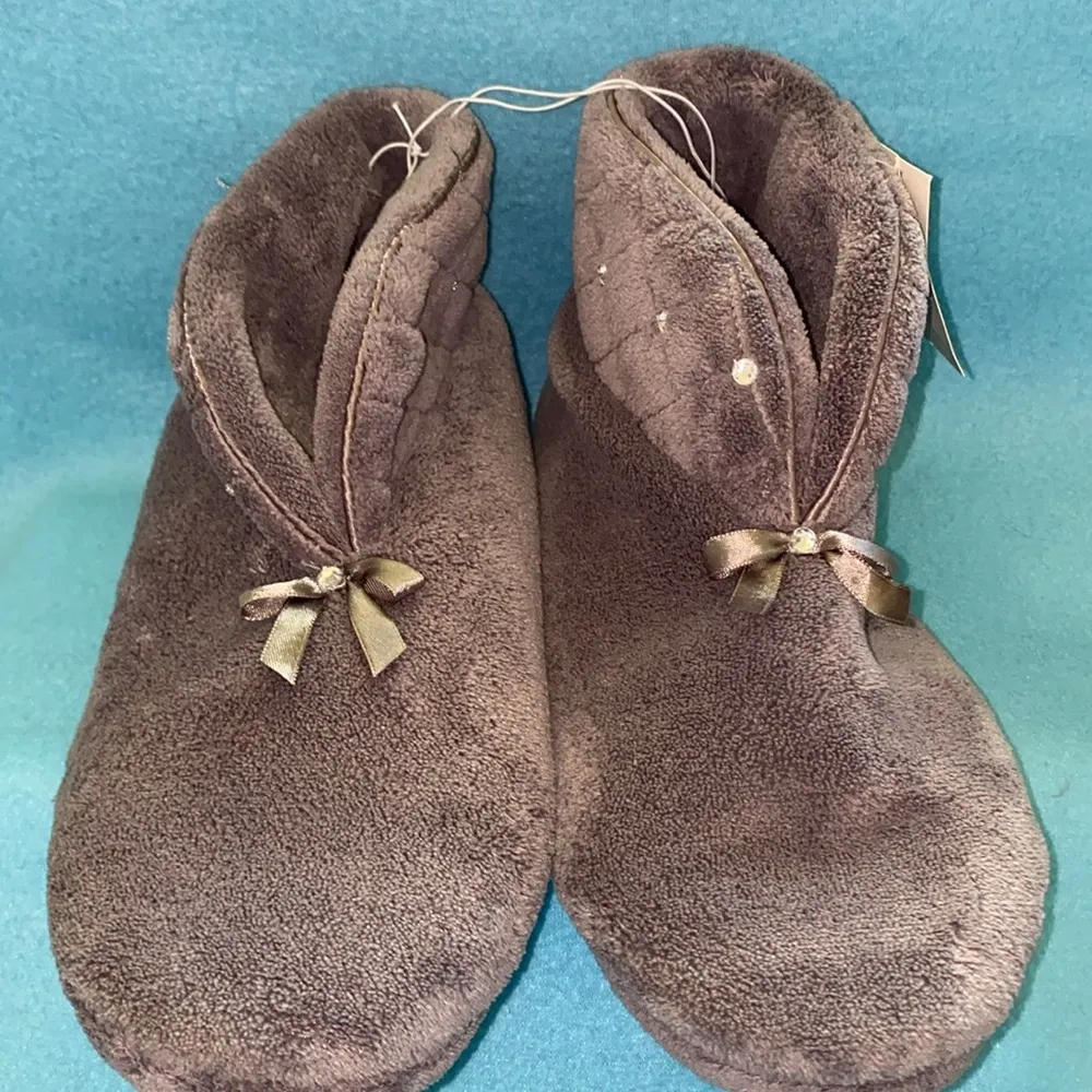 PINK K Claudia fleece slipper booties gray bows rhinestones NEW size 11 - Image 2