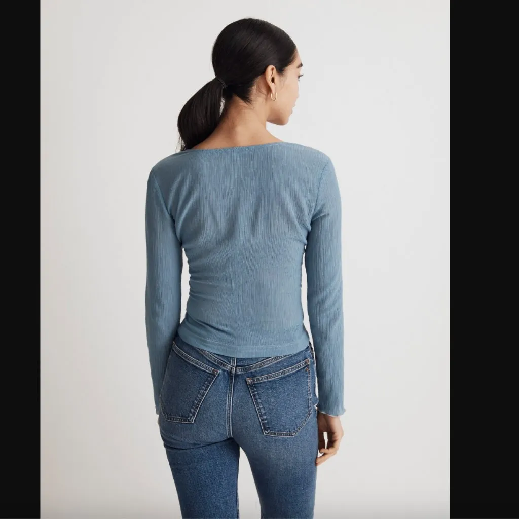 Madewell Tranquil Lake Blue Semi-Sheer Shirred V-Neck Top S - Image 3