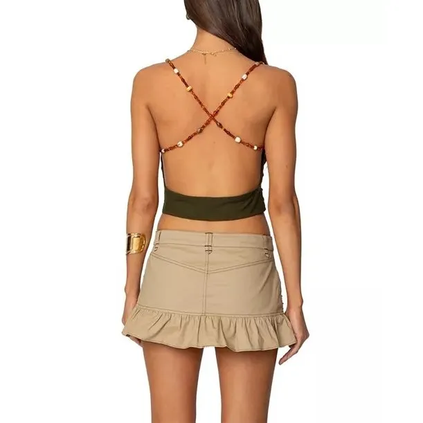 NWT Edikted Top M Womens Beaded Deep Cowl Neck Backless Olive Green Strap Tank - Image 4