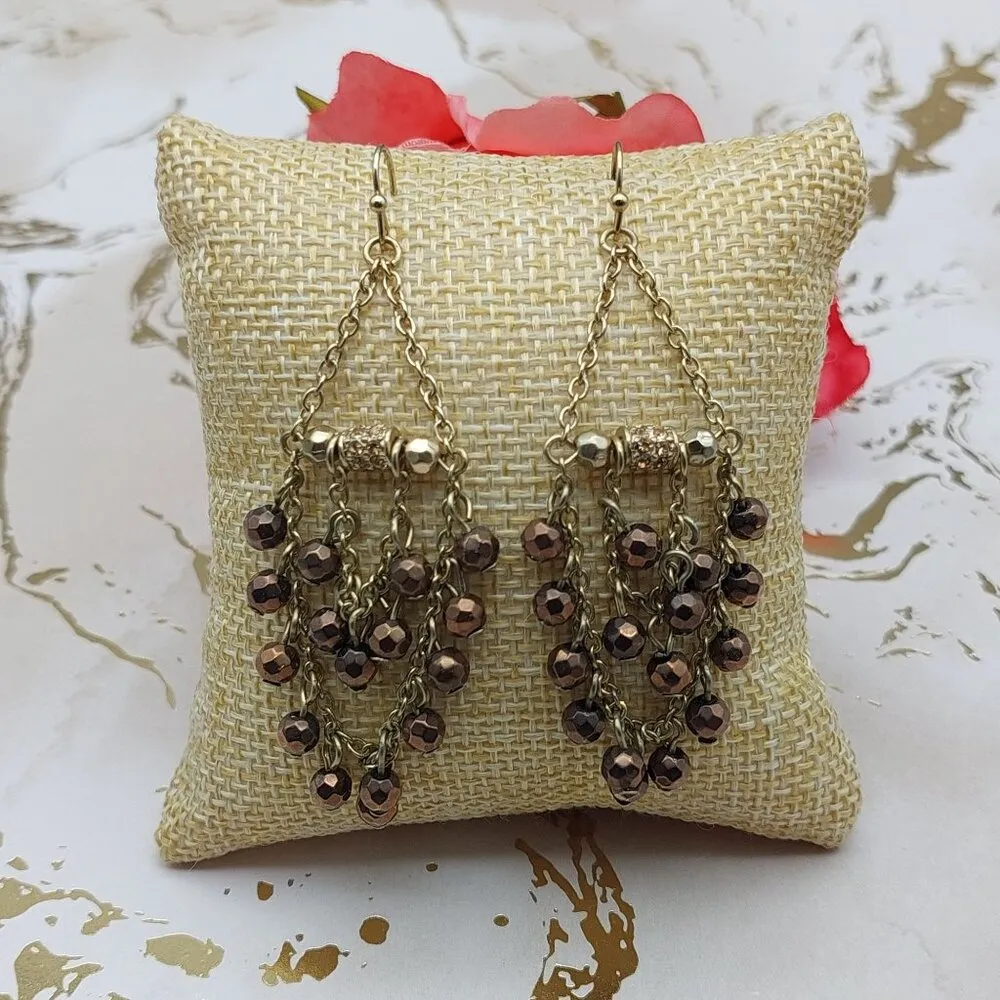 Gold Tone Chain Dangle Drop Chandelier Earrings Beaded Crystal Accents 2.5" - Image 2