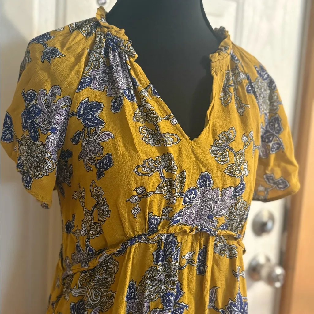 Anthropologie Mustard and Indigo Floral Mini Dress size XS * - Image 3