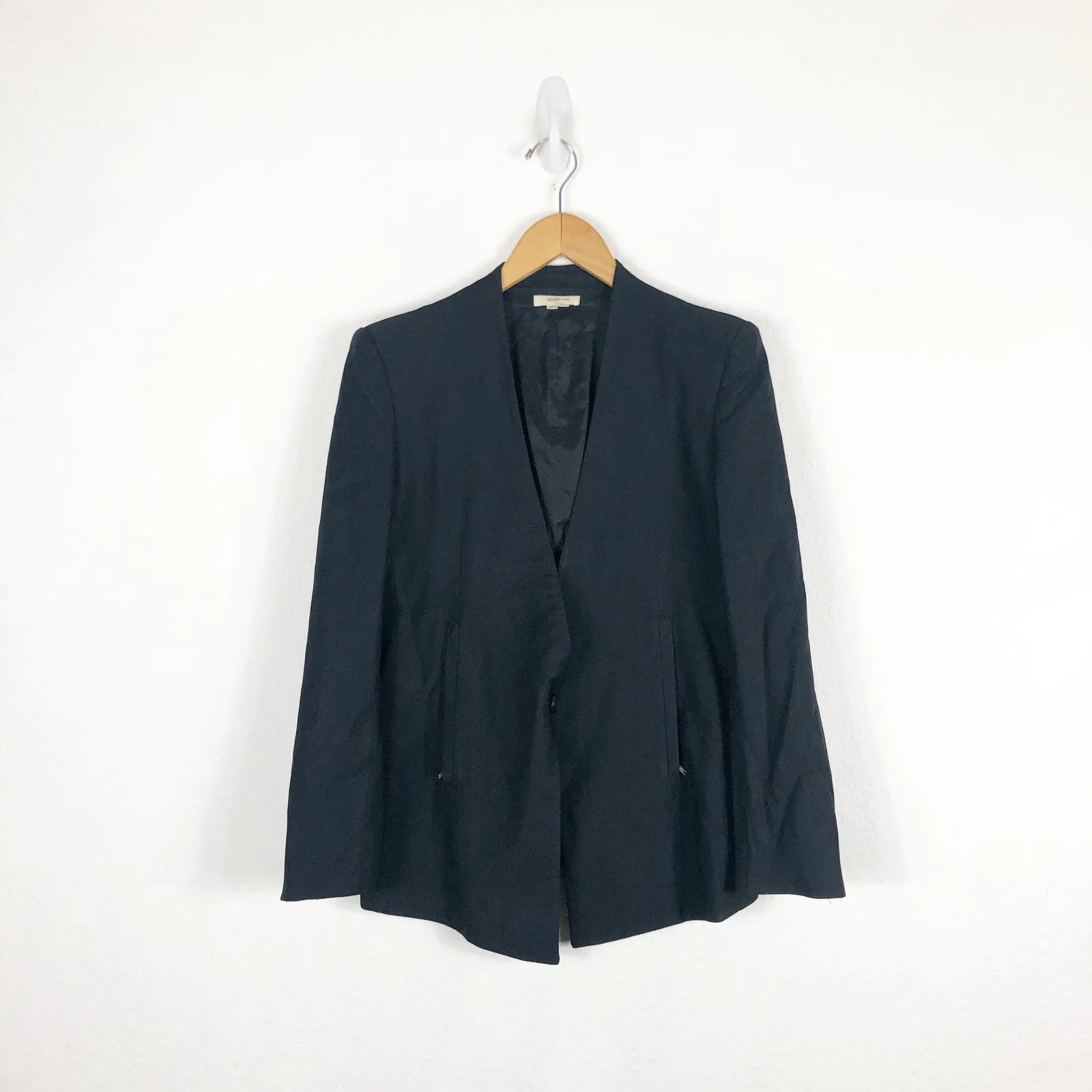 Helmut Lang Black Single Button Collarless Blazer Size 6 2000s Wool Quiet Luxury - Image 3